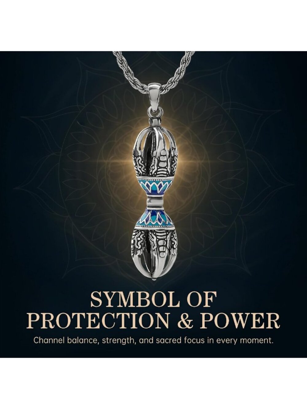 Men's Tibetan Vajra Necklace | Silver Dorje Pendant, Adjustable Rope Chain - Picture 7 of 8
